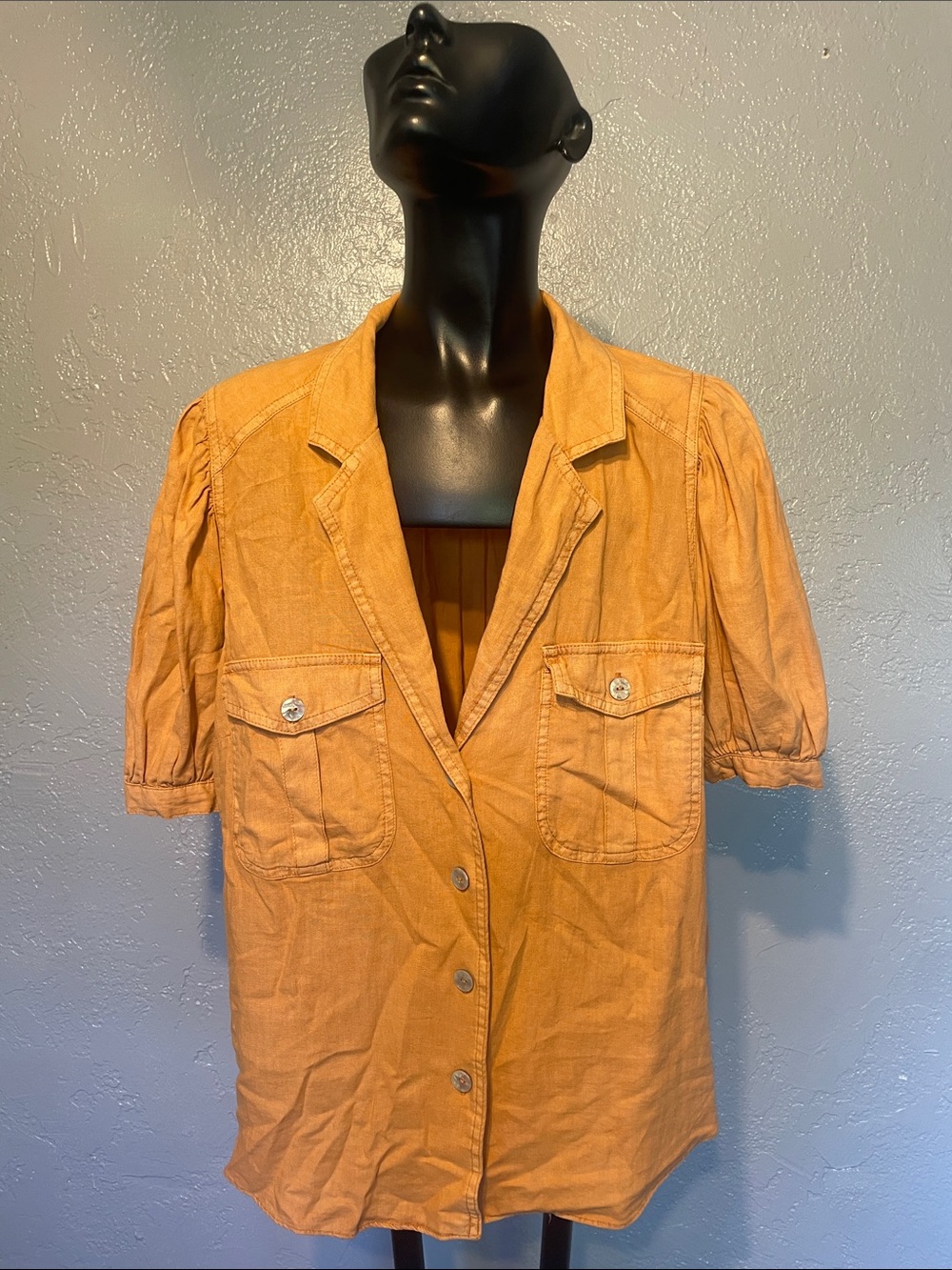 Women's Short-Sleeve Button-Front Blouse in Mustard Yellow